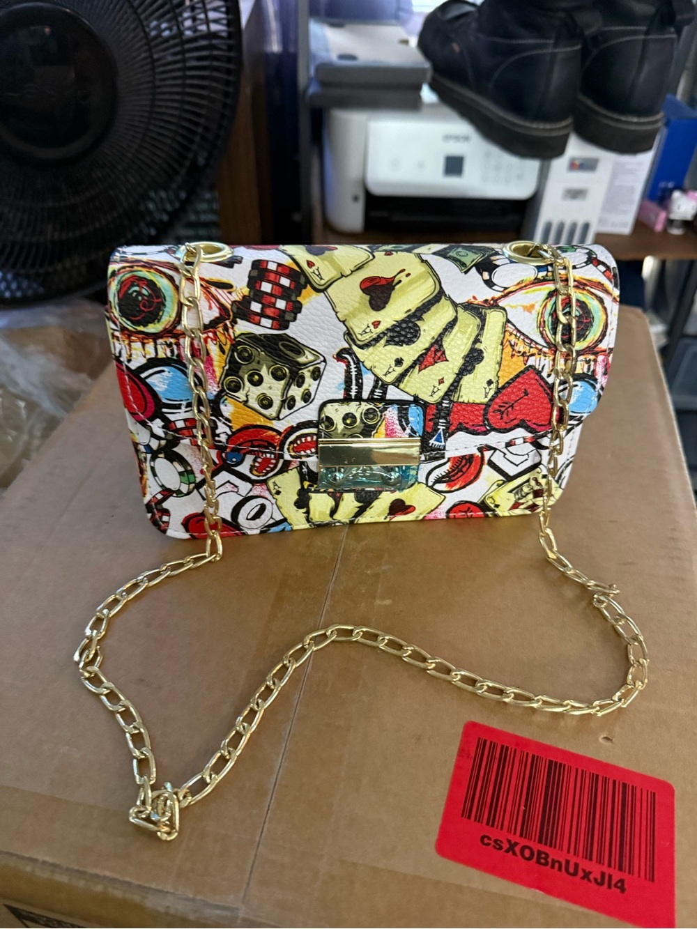 Colorful Card Game Print Crossbody Bag with Gold Chain